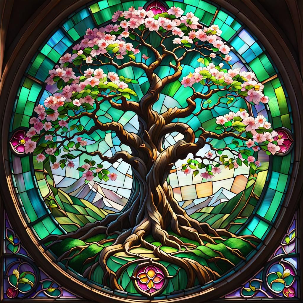 Stained Glass Sakura Tree in Graffiti Art Style