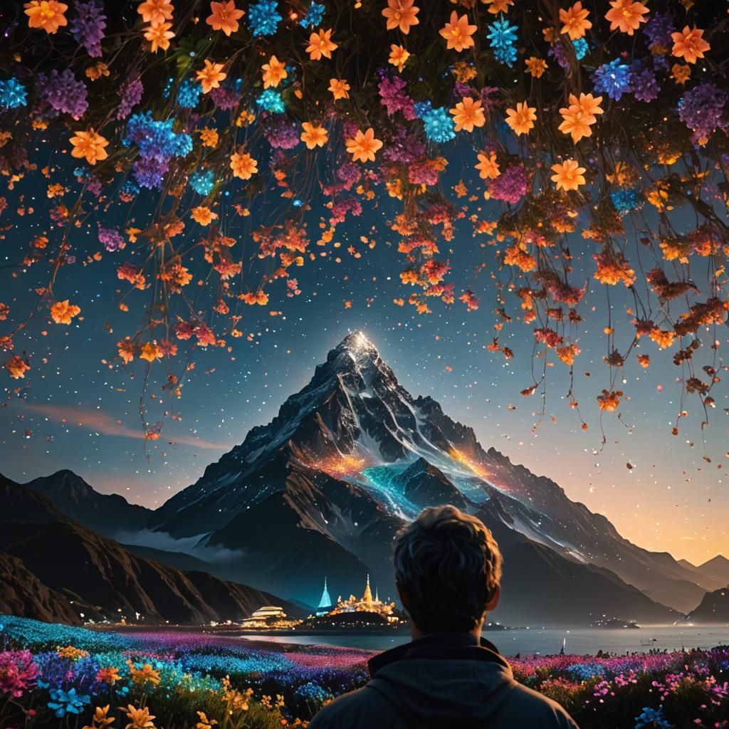 Bioluminescent Mountain of Flowers: Cinematic First-Person V...