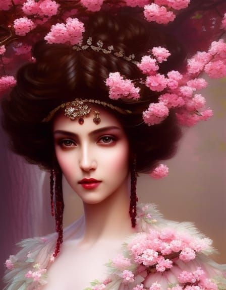 Woman with Parasol in Cherry Blossom Alley