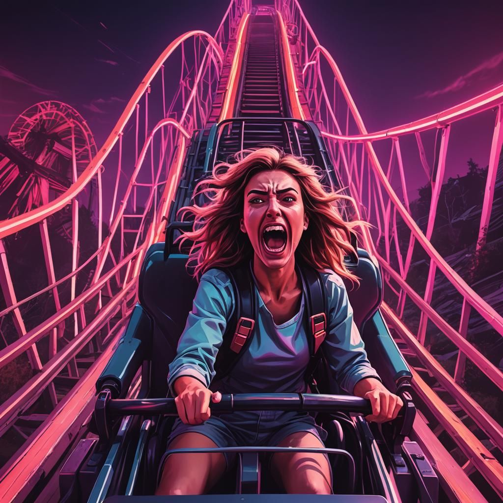 Screaming Girls on Rollercoaster in Synthwave Style