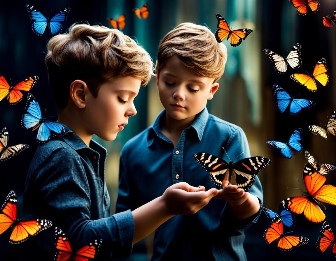 Boy Playing with Butterflies in Watercolor Style