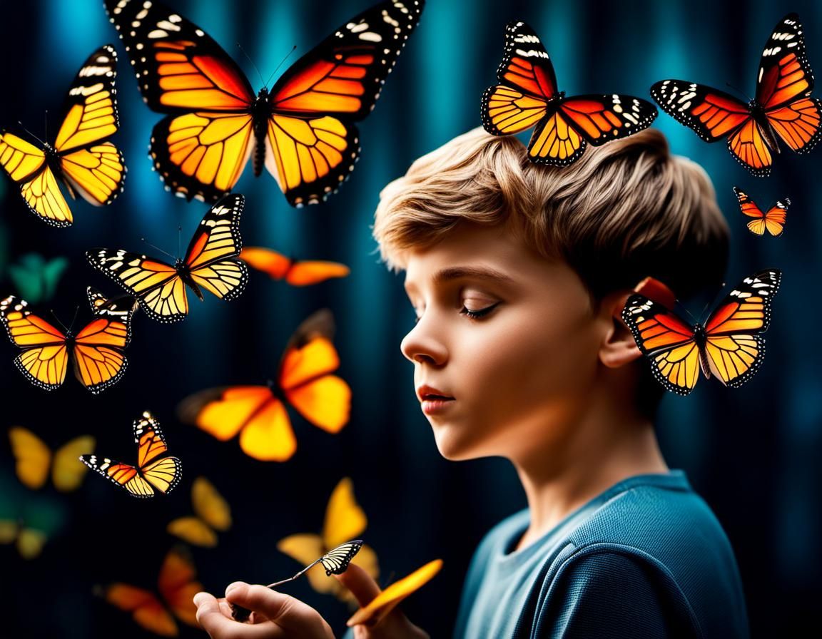 Boy and Butterflies in Watercolor Style