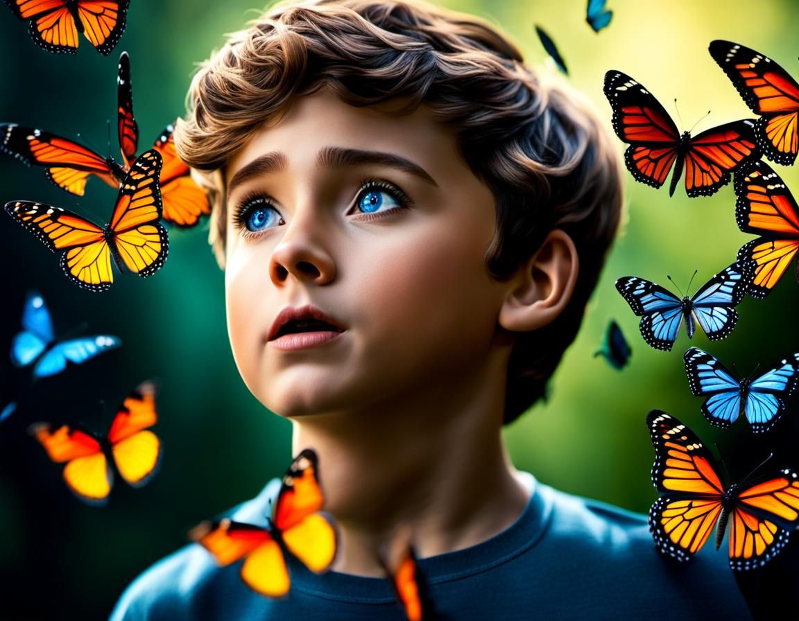 Boy and Butterflies in Watercolor Style