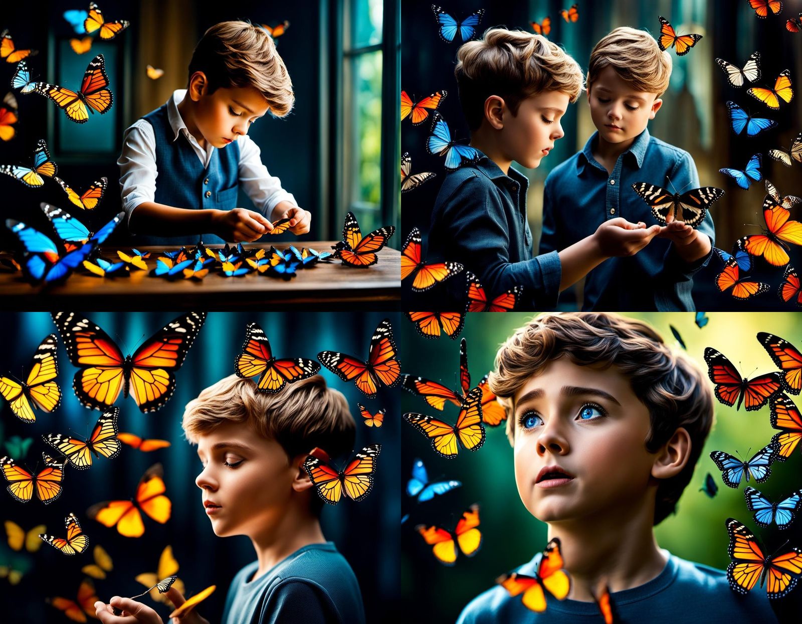 Boy and Butterflies in Watercolor Style