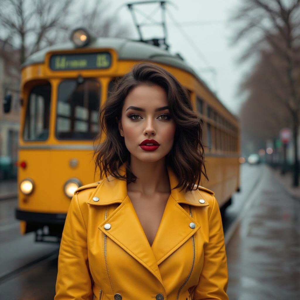 Romantic Woman Beside Yellow Tram, Dreamy Style