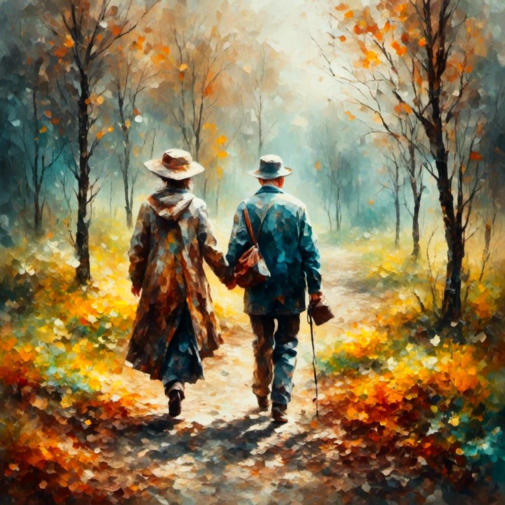 Elderly Couple in Autumn Park: Oil Painting Style