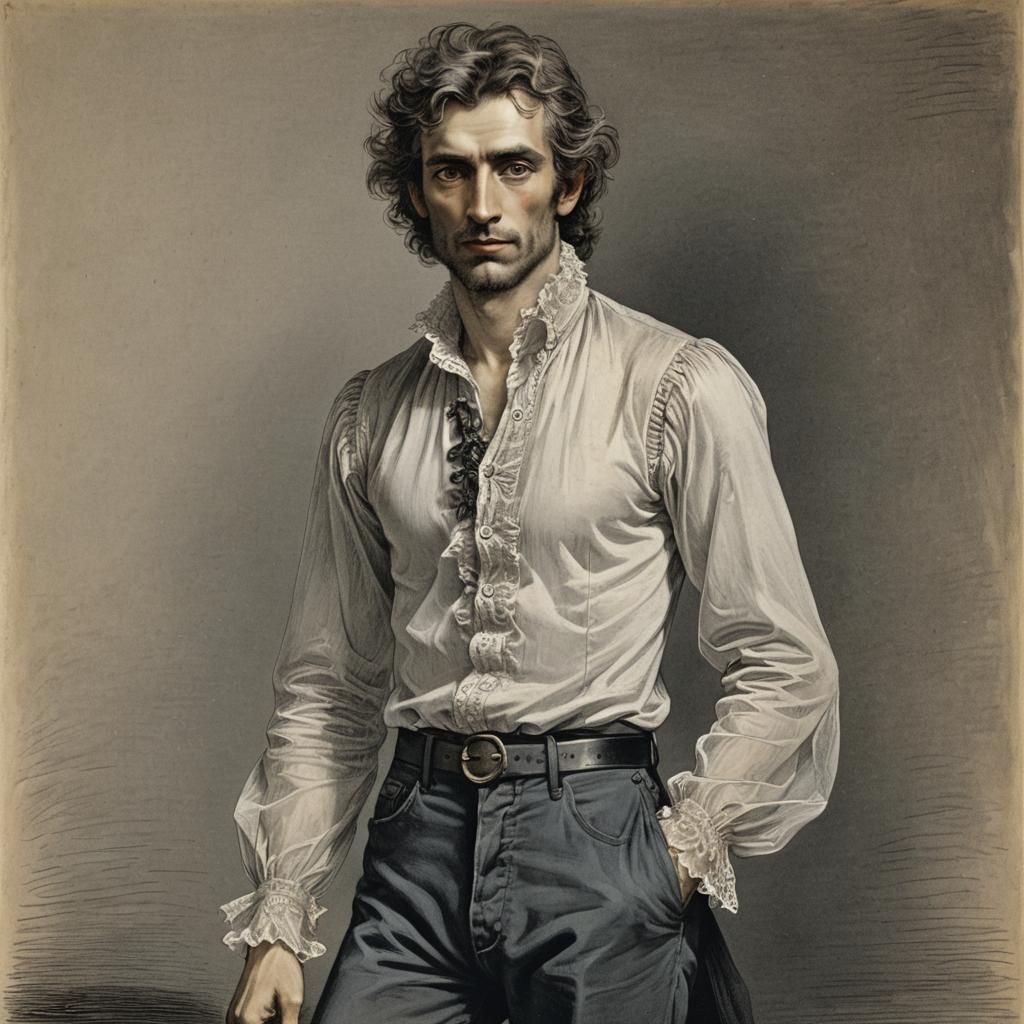 A man wearing a fluffy tulle shirt with elegant skinny jeans. Gustave Doré