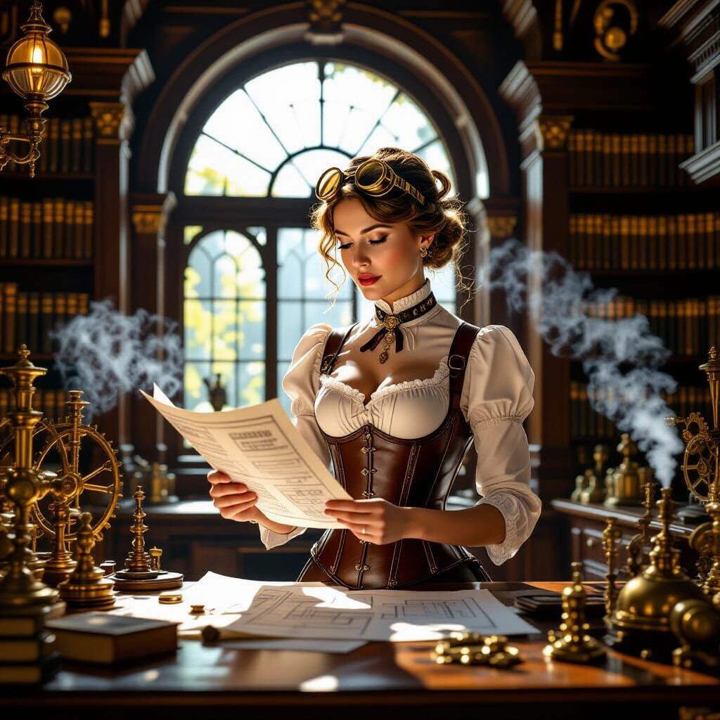 Victorian Lady Inventor in Steampunk Workshop