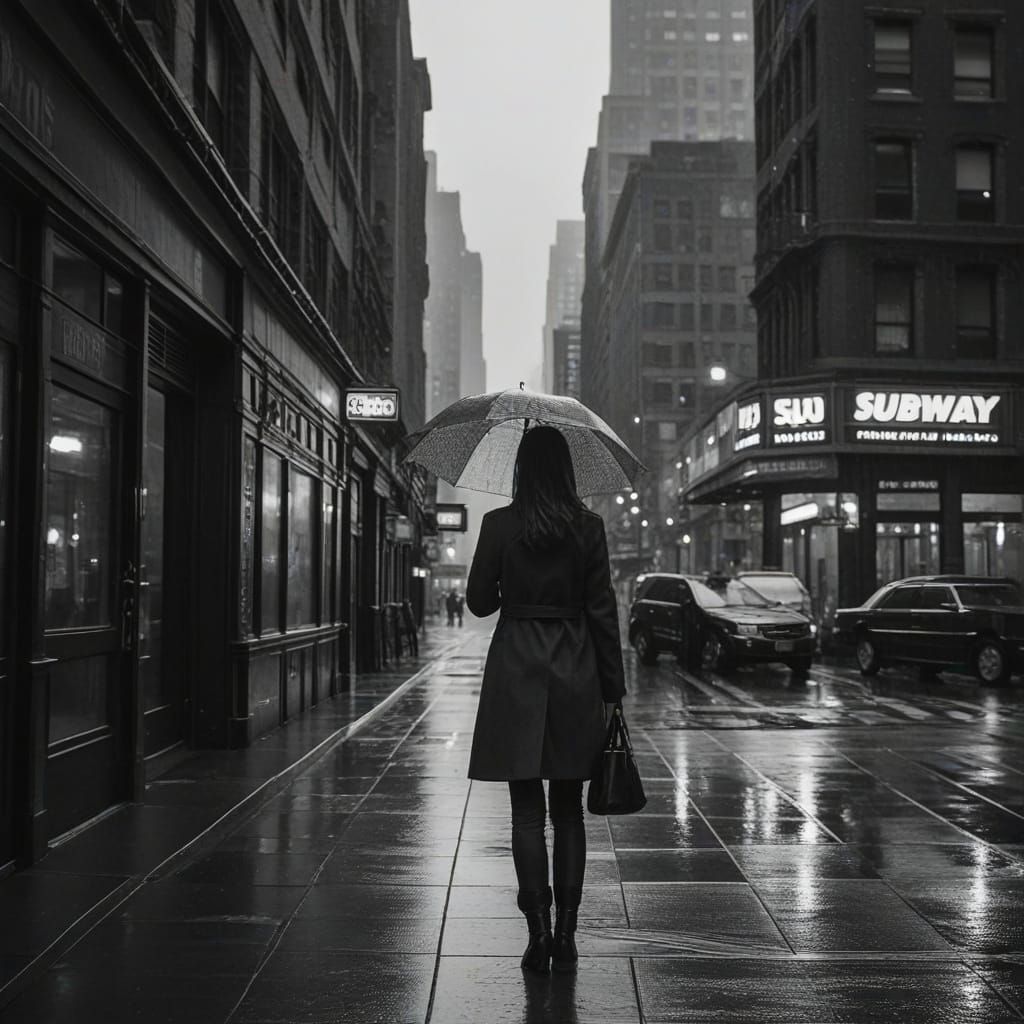 Elegant Woman Exits Subway in Rainy NYC