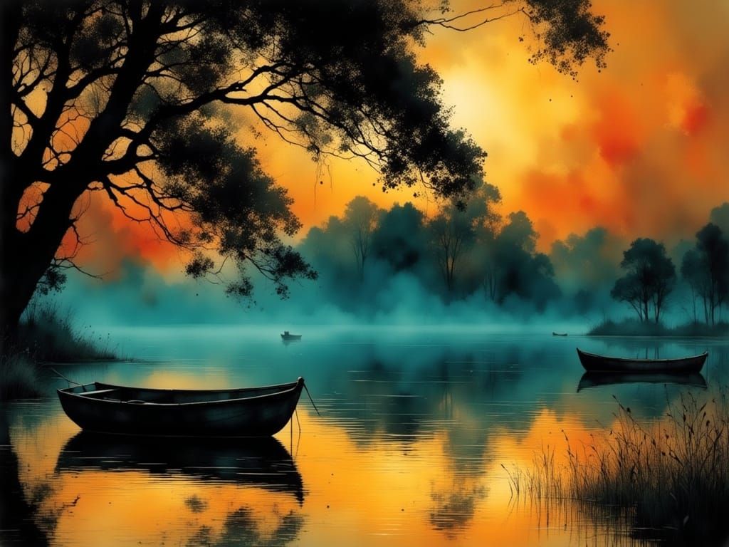 Ethereal Green-Blue Sunset over a Serene Lake with a Boat in...