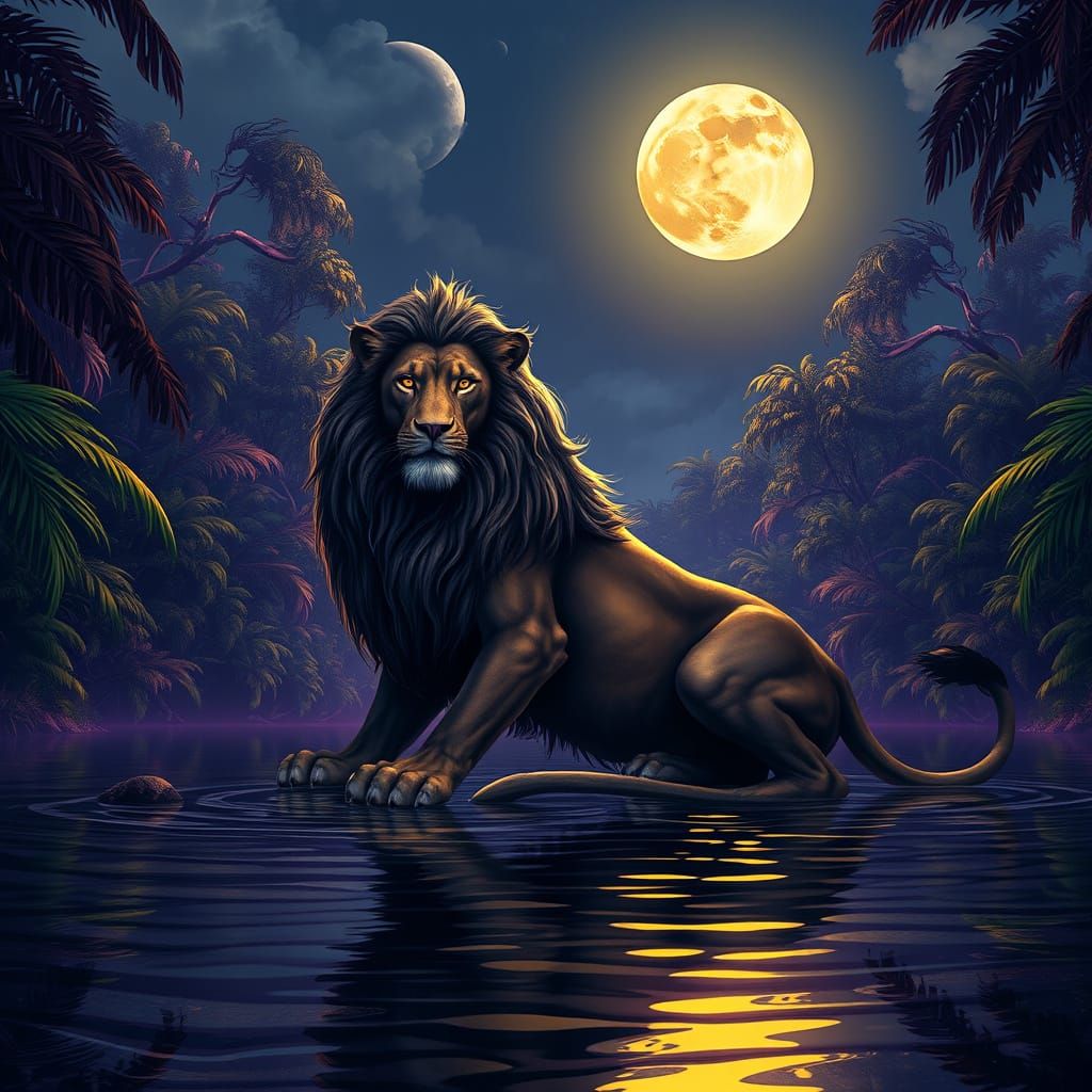 Regal Lion Under Full Moon in Vibrant Jungle Scene