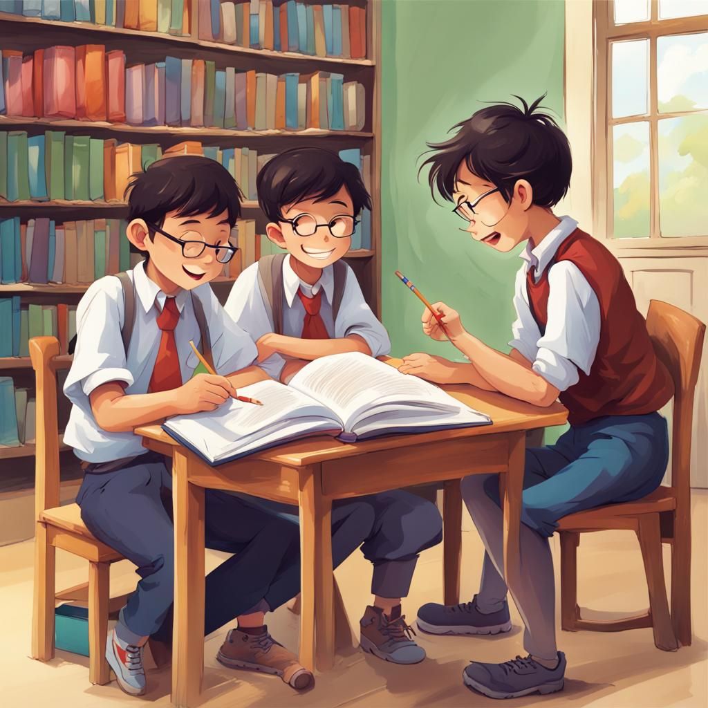 Friends Studying: Anime Key Visual in Ghibli Style