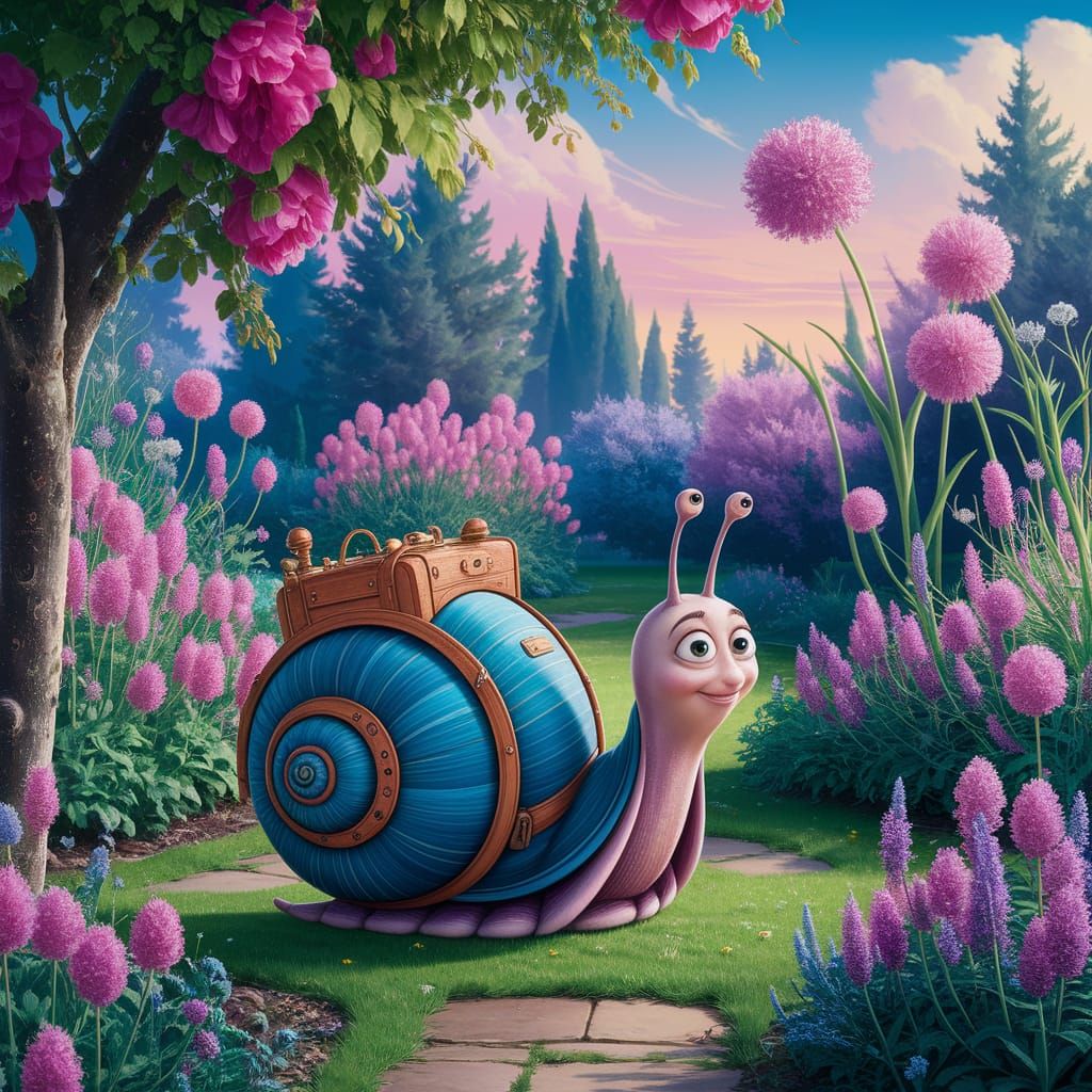 Snail Adventurer in Dewy Garden, Beatrix Potter Style