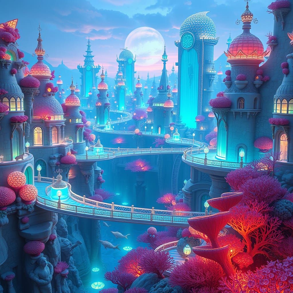 Fantasy City of Pearls and Coral with Glowing Bridges
