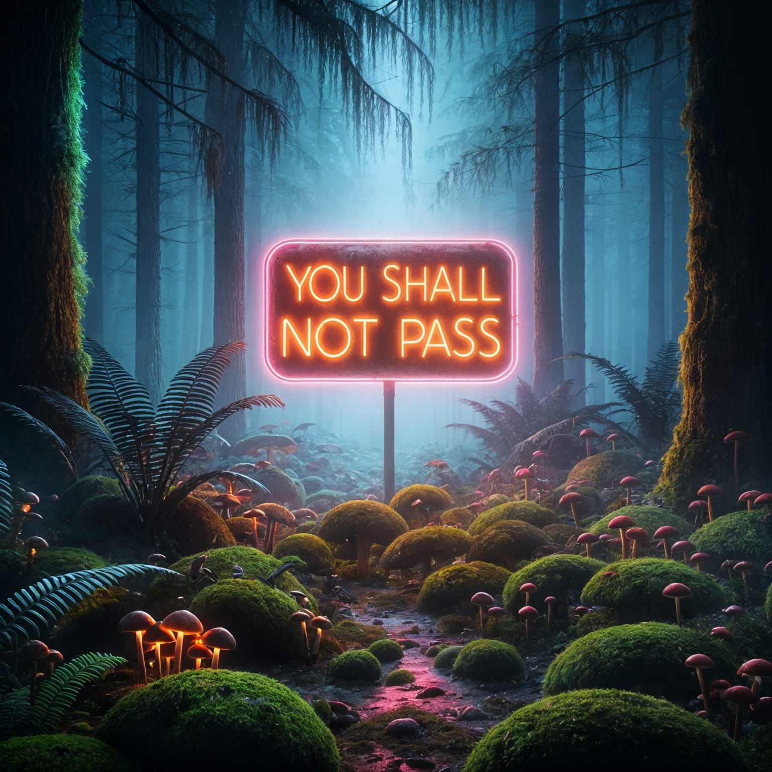Glowing Neon Sign in Foggy Forest with Mossy Floor and Mushr...