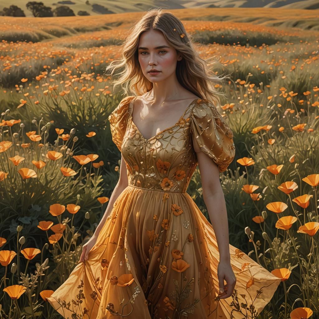 Woman in Golden Poppy Dress, Fantasy Art