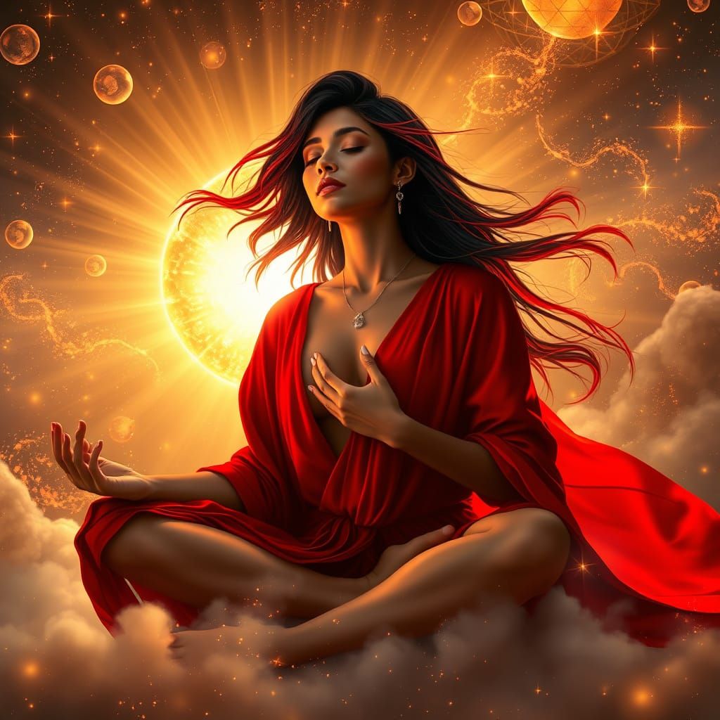 Meditative Woman in Cosmic Aura