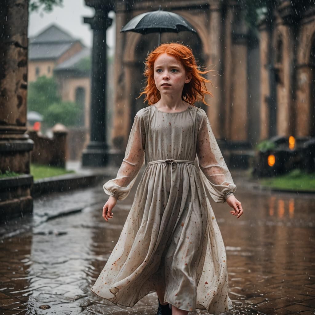 Red-Haired Girl in Rain, Professional Photography