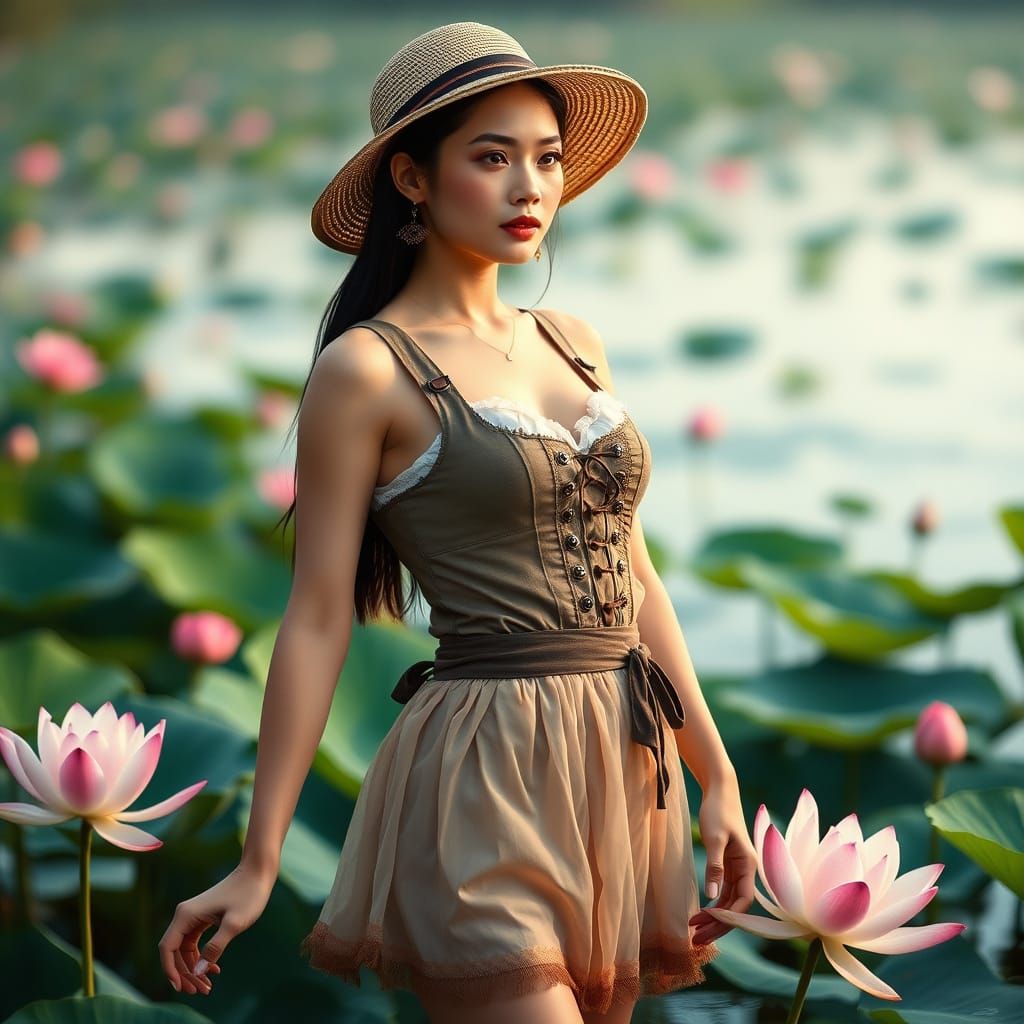 Vietnamese Model in Bavarian Dirndl Dress by Lotus Lake