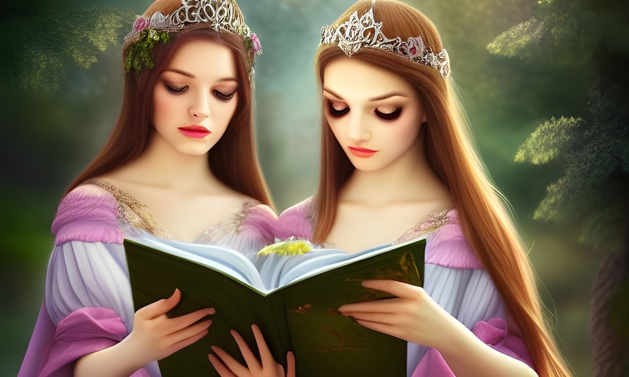 Seductive Princesses Reading Book in Fantasy Style