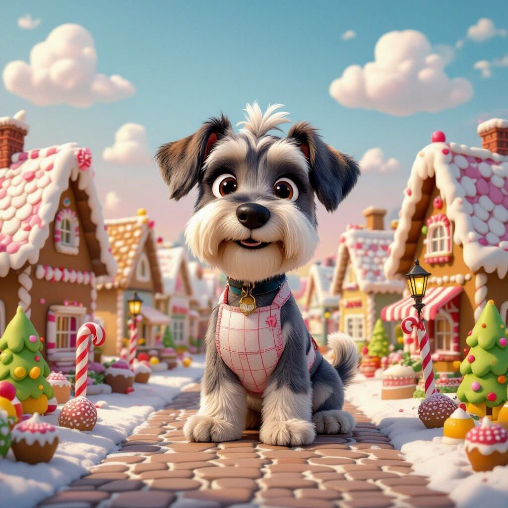 Miniature Schnauzer in Whimsical Candy Village