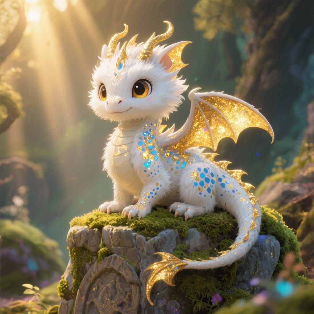 Cute Fluffy White Dragon with Gold and Blue Speckles