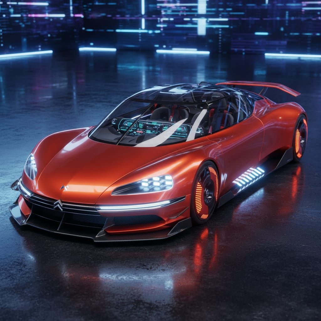 Futuristic Electric Hypercar Design in Metallic Orange-Red