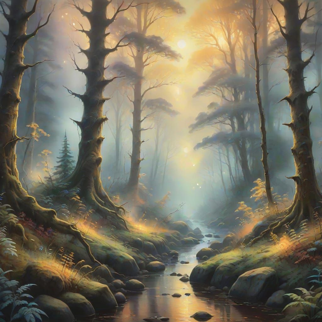 Mystical Forest: Ethereal Charcoal Drawing in Gouache Style