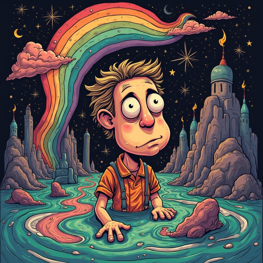 Cartoonish Psychedelic Image of an Outcast Man