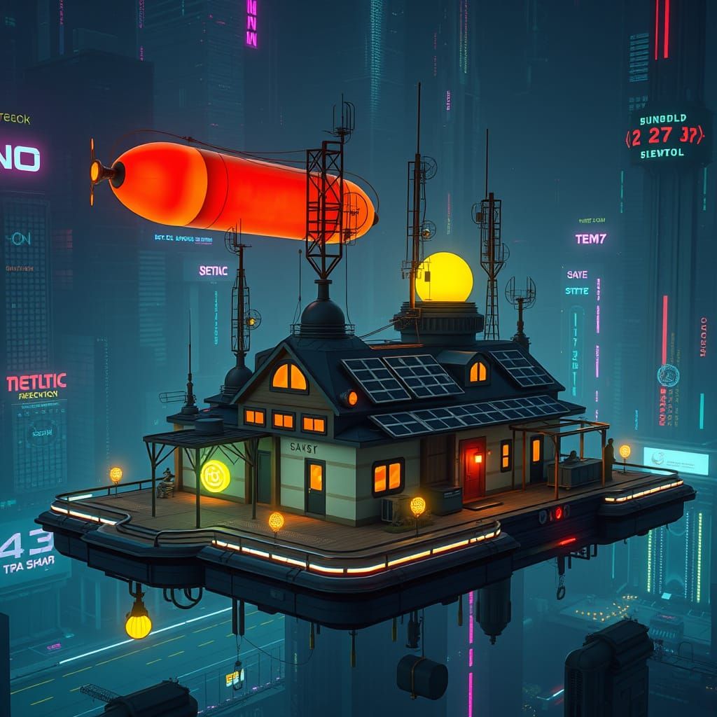Futuristic Floating Village with Neon Lights