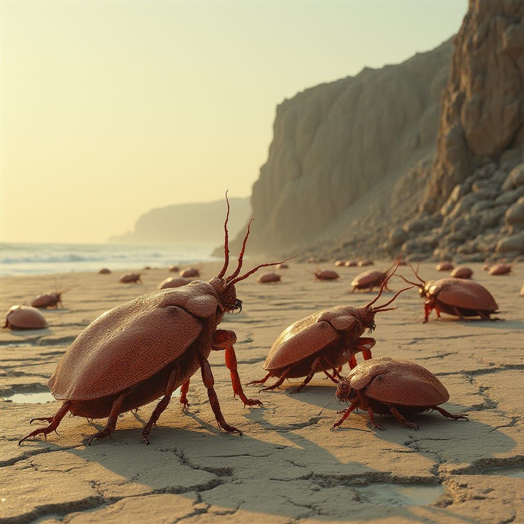 Reddish Brown Insects Amidst Ancient, Cracked Sea Bed Landsc...