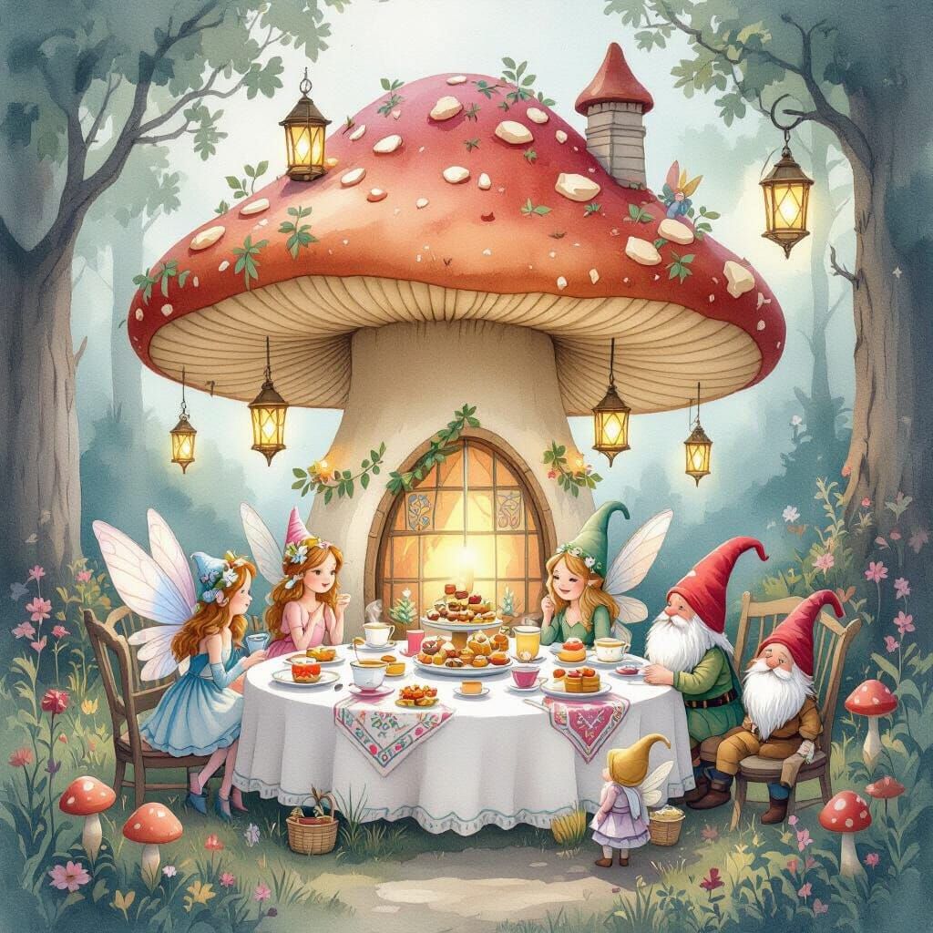 Whimsical Tea Party in a Mushroom, Watercolor Art