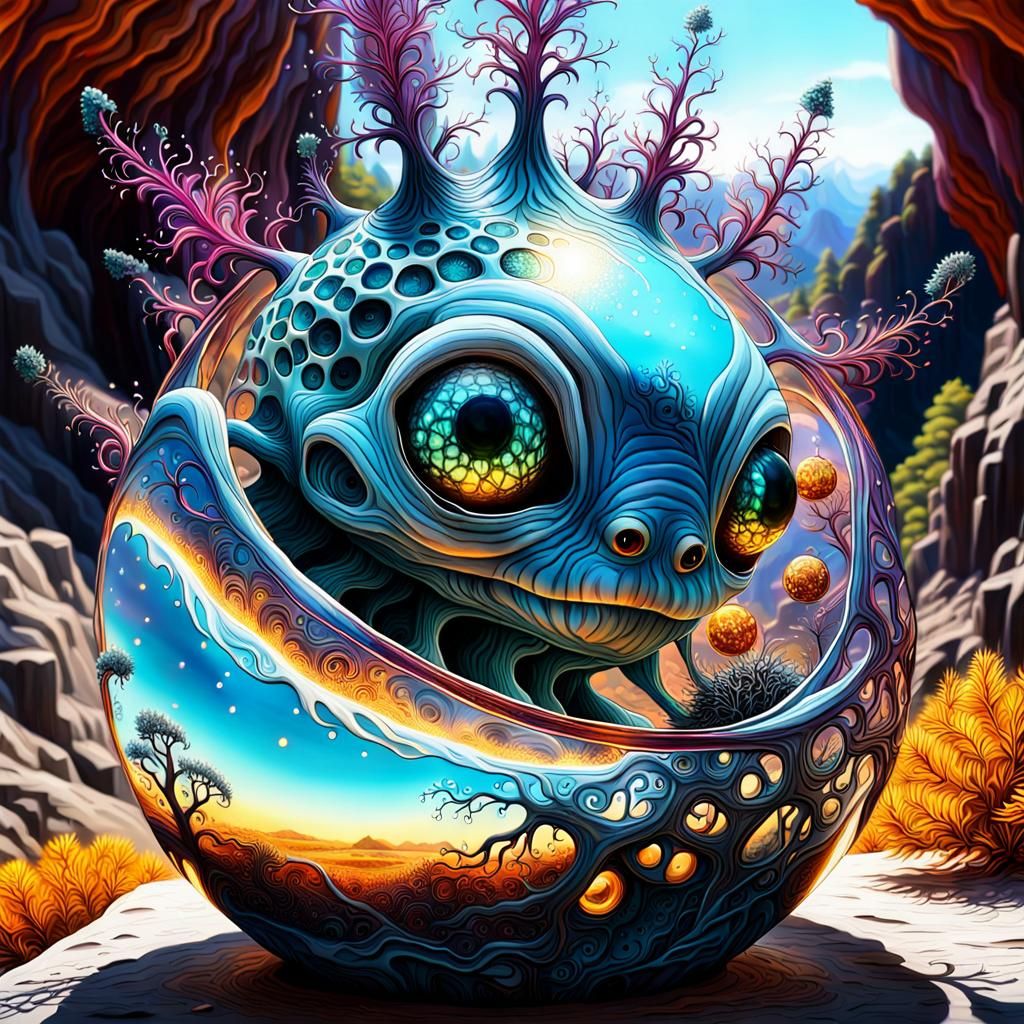 Adorable Alien Baby in a Glowing Biopunk Landscape