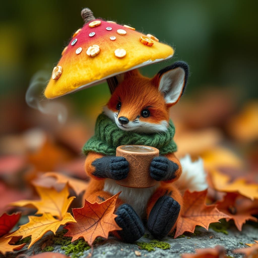 Felted Fox Under Mushroom Umbrella in Storybook Style