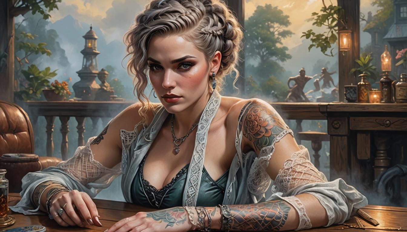 Braided Woman with Tattoos in Ethereal Style