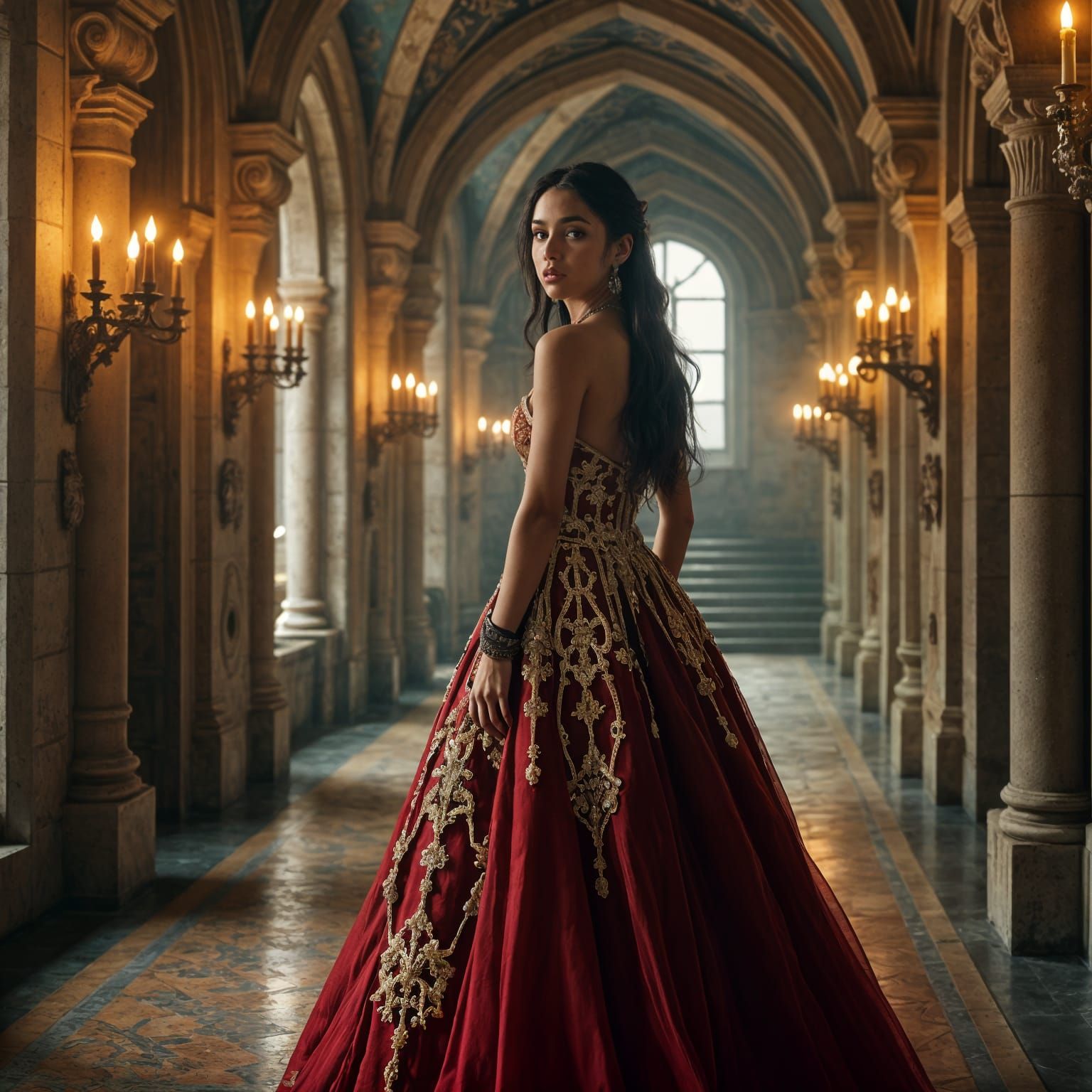 Dominican Woman in Castle Hallway: Hyper-Realistic Art