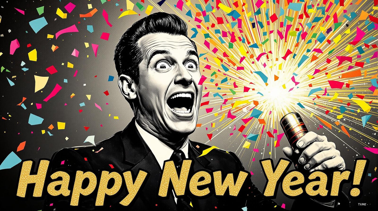 Surprised 1950s Man Sees Rainbow Confetti in a Close-Up