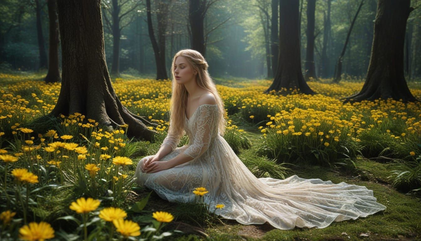 Woman in Dandelion Field with Snow Birds