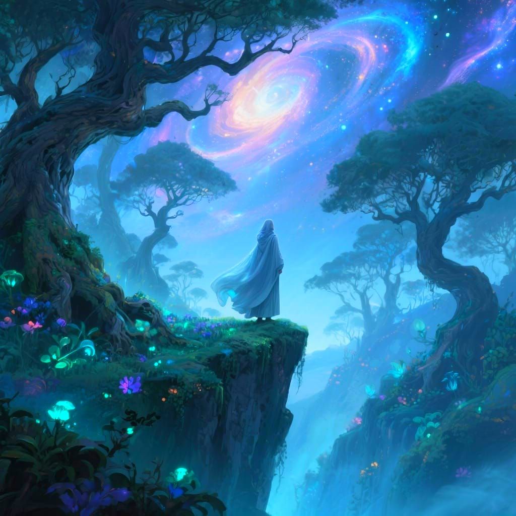 Ethereal Figure Overlooking Bioluminescent Forest