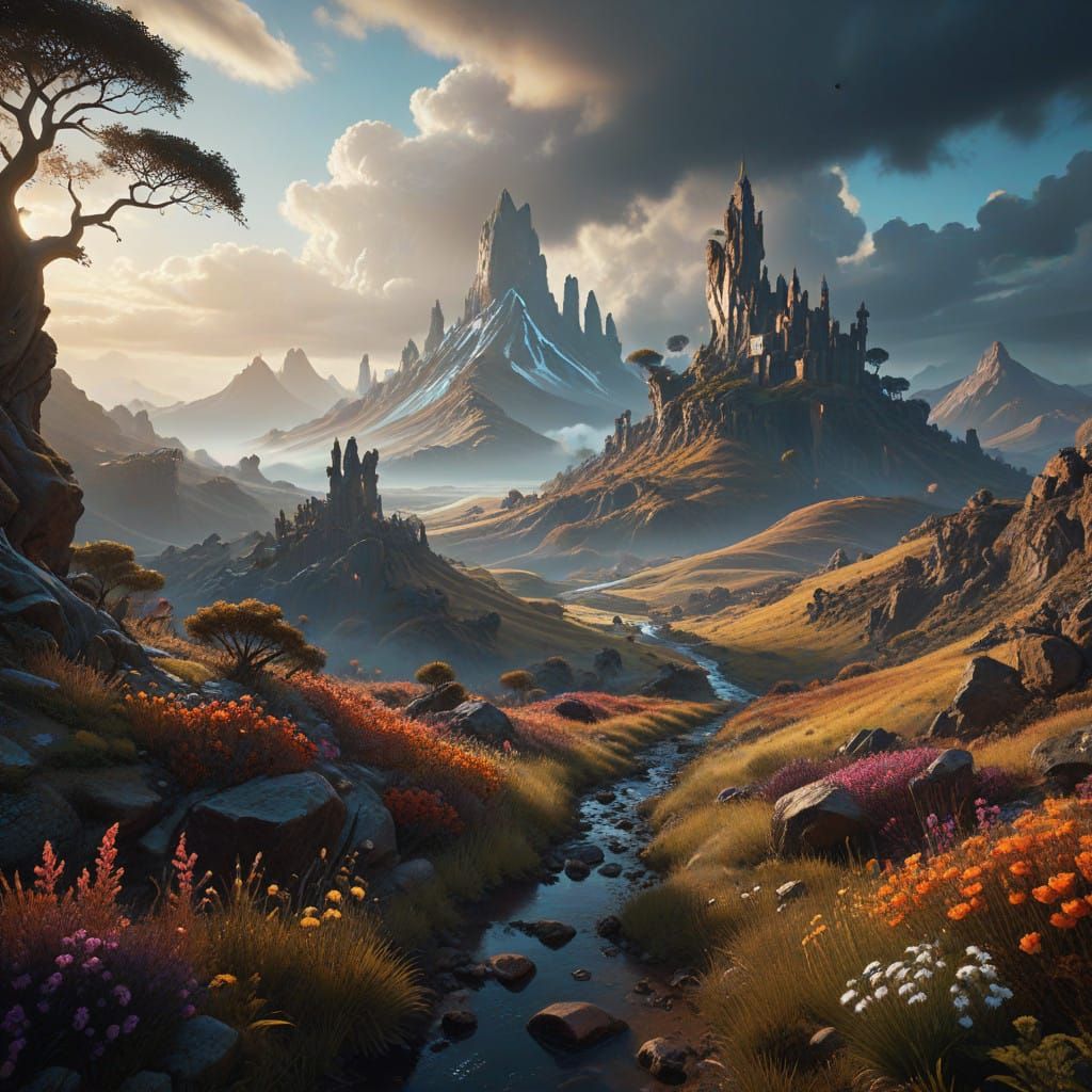 Surreal Landscape with Rolling Hills and Soft, Diffused Ligh...