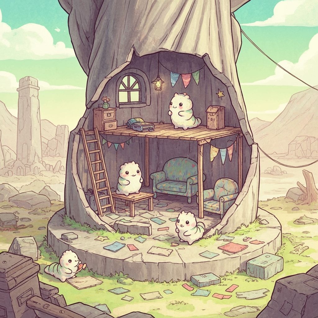 Whimsical Creatures Build Cozy Home in Statue Ruins