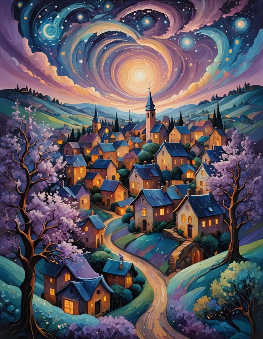 Dreamlike Village Under Zaffre Starry Skies