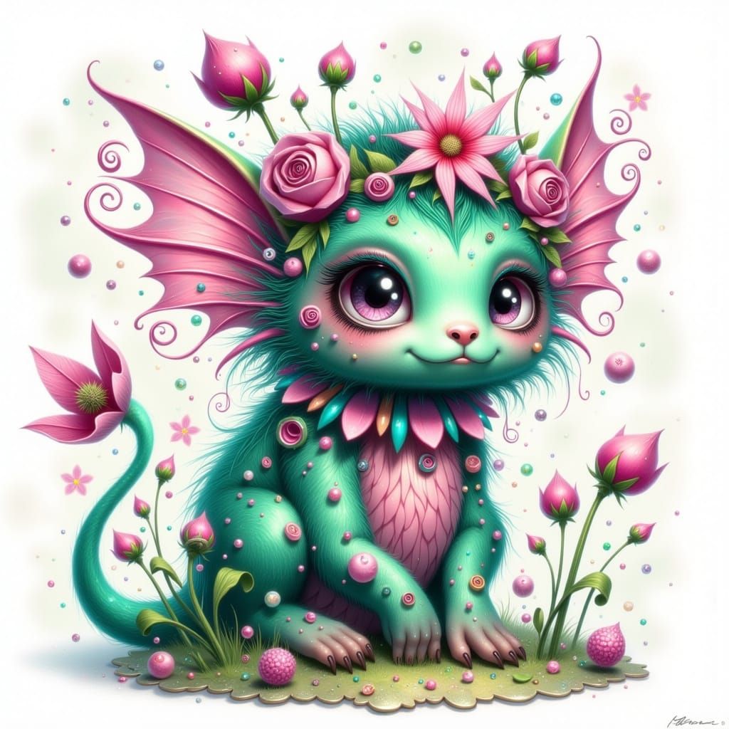Fantastical Fae Creature with Iridescent Gingham Patterned F...