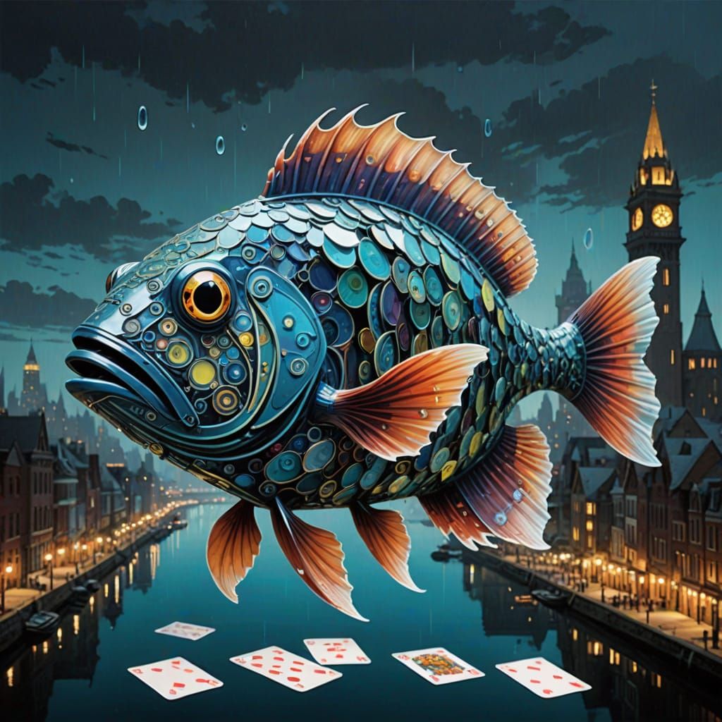 Bioluminescent Fish in Ethereal Underwater Card City