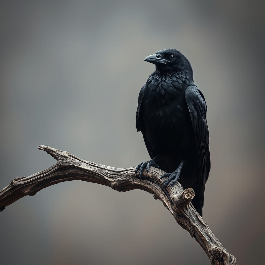 Elegant Black Raven in Solitary Perch