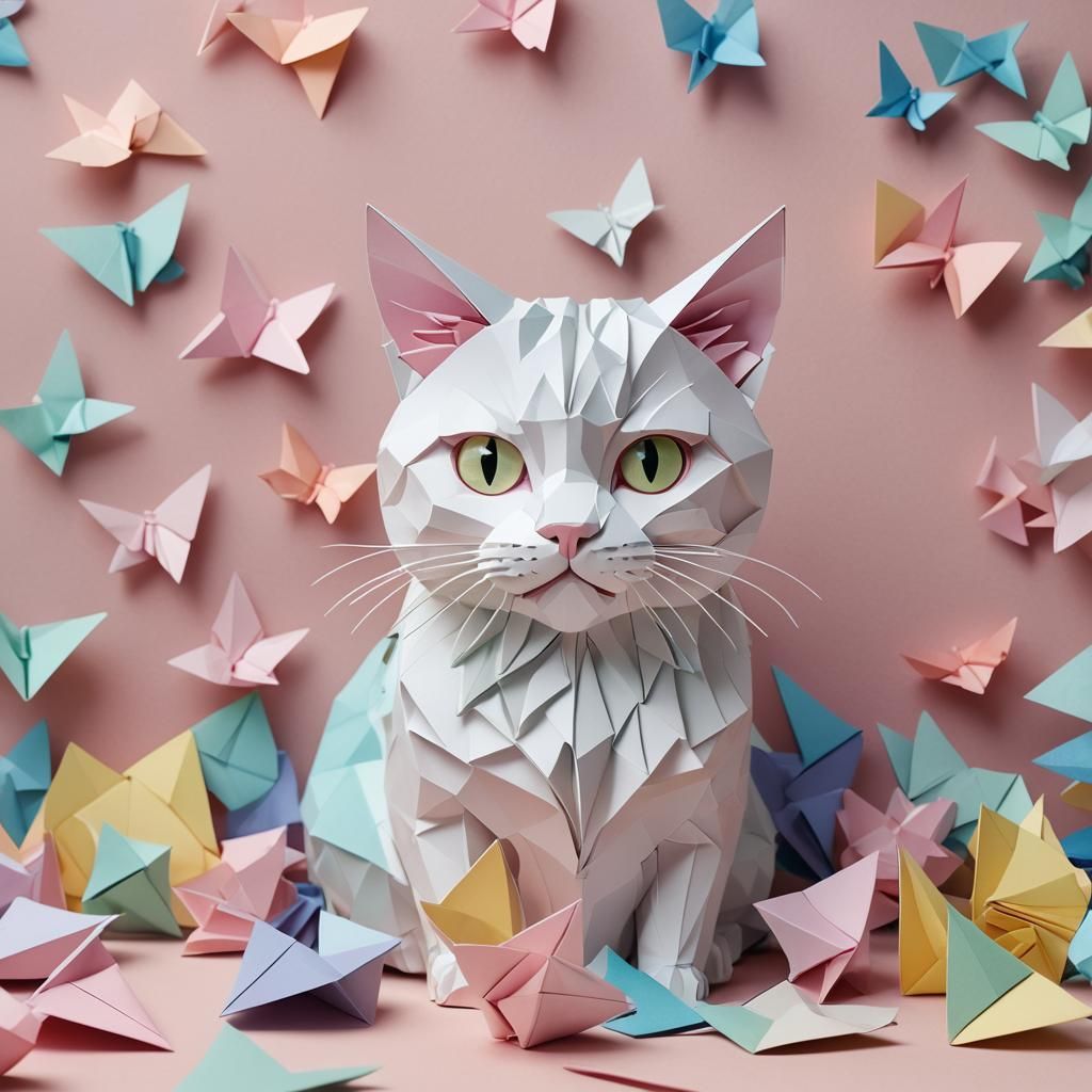 Origami Pastel Cat in Papercraft Style