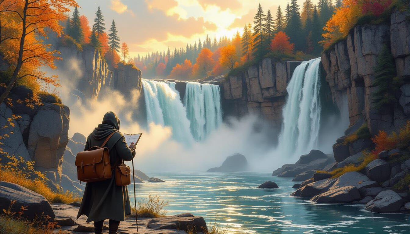 Traveler Sketches Epic Waterfall Landscape in Autumn Forest