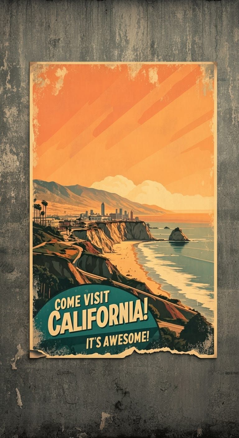 Vintage California Travel Poster in Distressed Retro Style