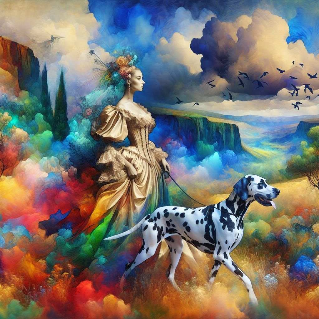 Romani Woman and Dalmatian in Surreal Landscape