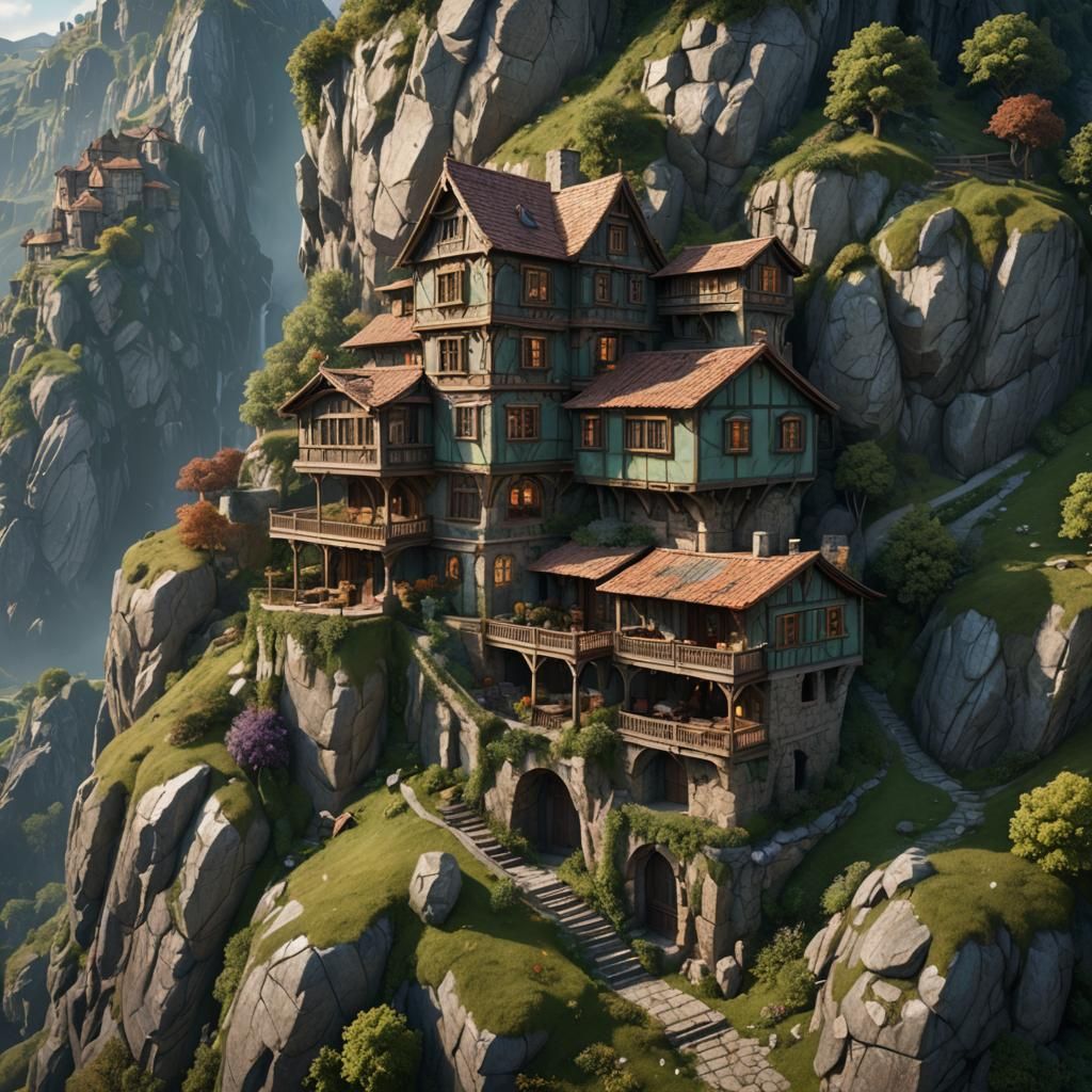 House Built into Hillside: Detailed Matte Painting
